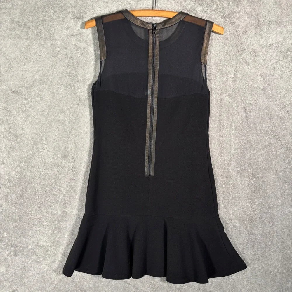 Sandro Paris‎ Black Mesh Yoke Flounce Hem Mini Dress Size S Metallic Bronze Trim